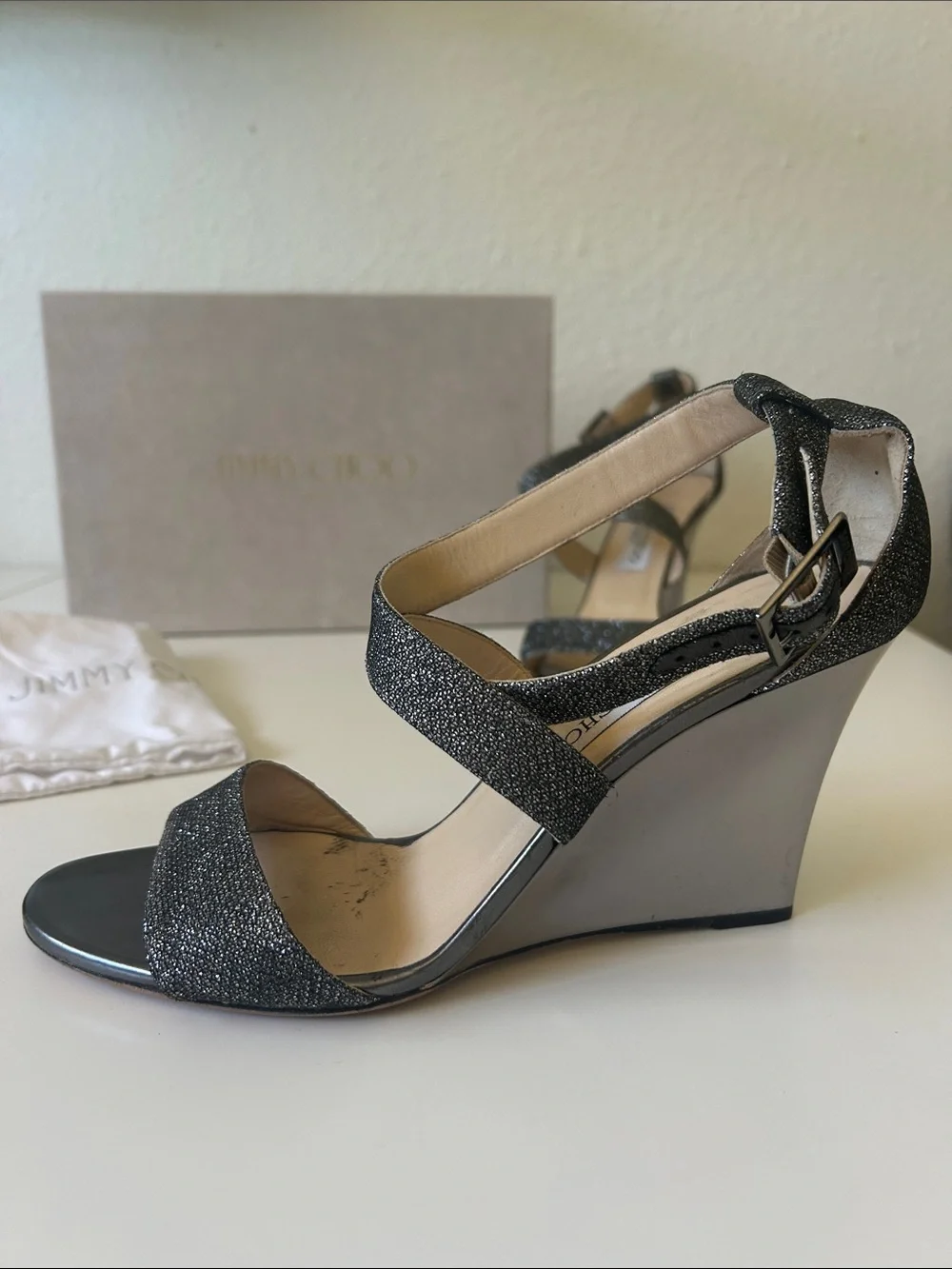Jimmy Choo Black Glitter Strappy Ankle Sandals